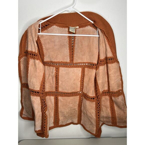 Vintage 70’s Orange Brown Leather and Knit Jacket Button Down Size Medium - Picture 2 of 8